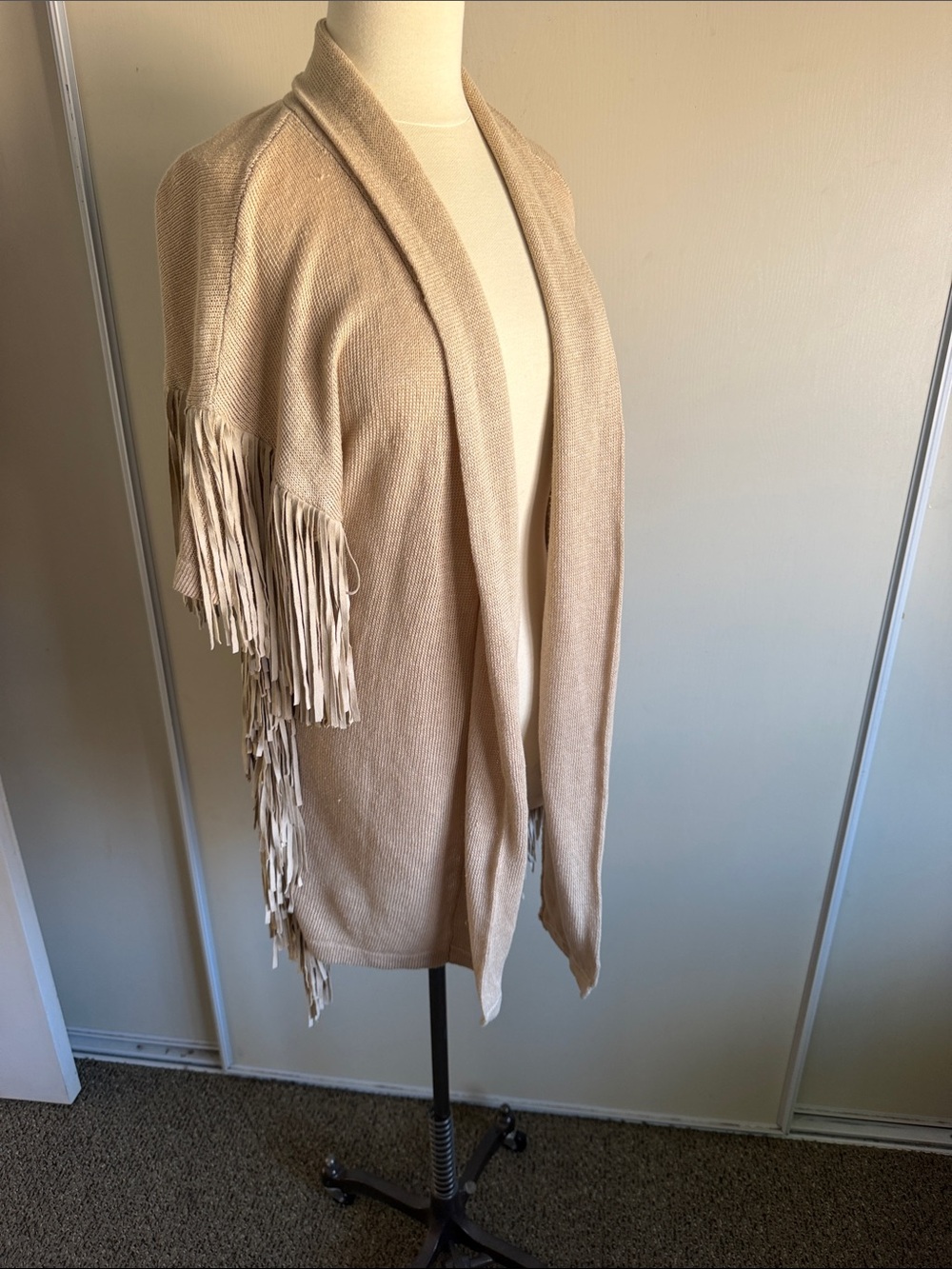 Sweater wrap with fringe - tan sweater and fringe